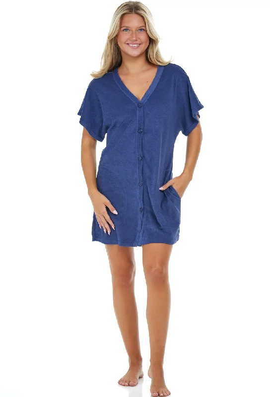 Recycled material cover ups for an environmentally friendly choiceBUTTON FRONT TUNIC W/ SEAM POCKETS - TERRY Recycled material cover ups for an environmentally friendly choiceBUTTON FRONT TUNIC W/ SEAM POCKETS - TERRY