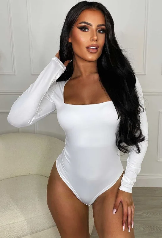 Girl Like Me White Square Neck Long Sleeve Bodysuit