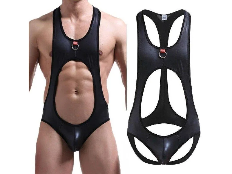 Gay Bodysuits | Faux Leather Open Back Jockstrap Bodysuit