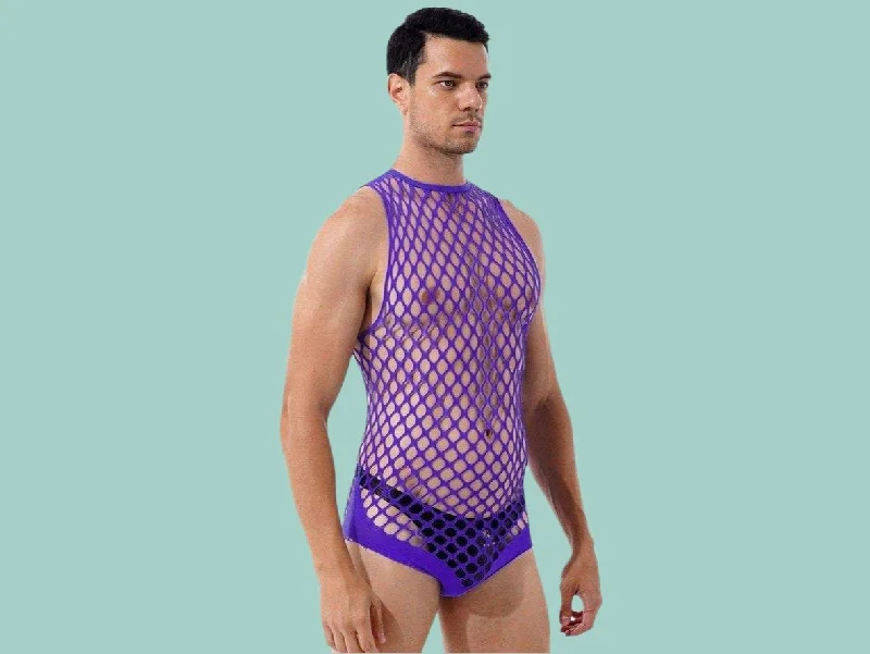 Gay Swim Bodysuits | Netted Sleeveless Thong Bodysuit