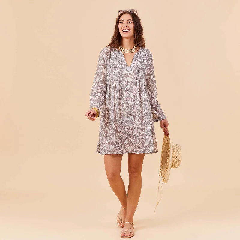 Palm Leaves Grey blu Cotton Pintuck Beach Cover Up