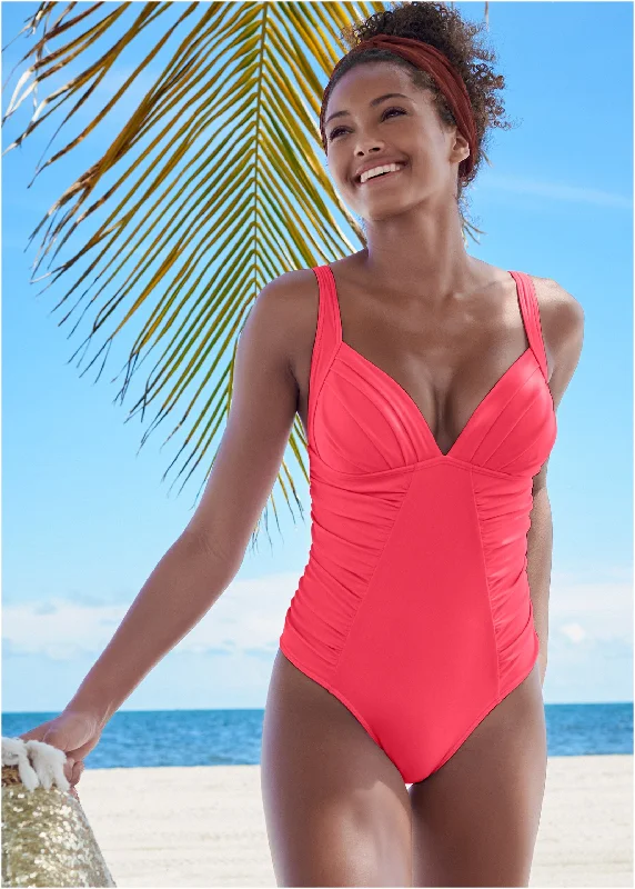 Plus Size Women's Wrap - Style One - Pieces in Burgundy with Belt for a Figure - Flattering OptionRuched One-Piece - Sunset Pink Plus Size Women's Wrap - Style One - Pieces in Burgundy with Belt for a Figure - Flattering OptionRuched One-Piece - Sunset Pink