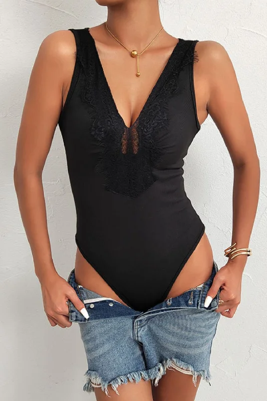 Sheer Bodysuits for a Seductive and Alluring OutfitSpliced Lace Deep V Sleeveless Bodysuit Sheer Bodysuits for a Seductive and Alluring OutfitSpliced Lace Deep V Sleeveless Bodysuit