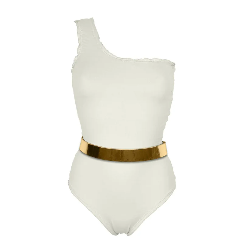 Women's Sleeveless One - Pieces in Yellow with Floral Appliques for a Cheerful and Spring - Like LookThe PORTO CERVO *STUDIO EDITION GOLD/ SILVER - Reversible -ECRU/ JUTA GREEN Women's Sleeveless One - Pieces in Yellow with Floral Appliques for a Cheerful and Spring - Like LookThe PORTO CERVO *STUDIO EDITION GOLD/ SILVER - Reversible -ECRU/ JUTA GREEN